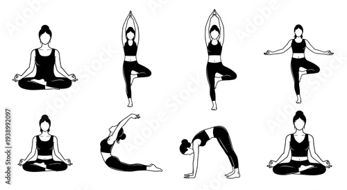 Black  White Glyph Vector Yoga Poses Set: Women Fitness  Meditation Illustration