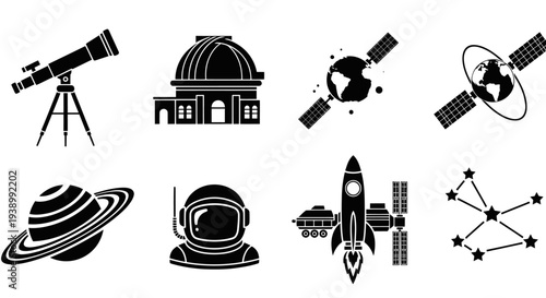 Black  White Glyph Icons: Astronomy, Space Exploration, Planets, Astronauts, Rockets