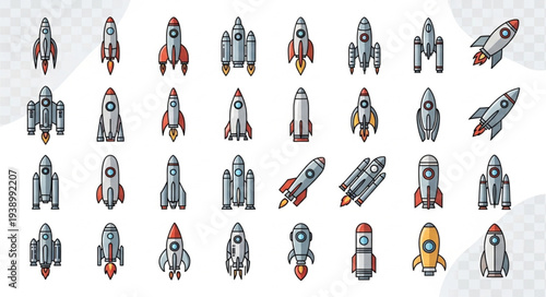 Collection of cartoon rocket ship icons in various designs.