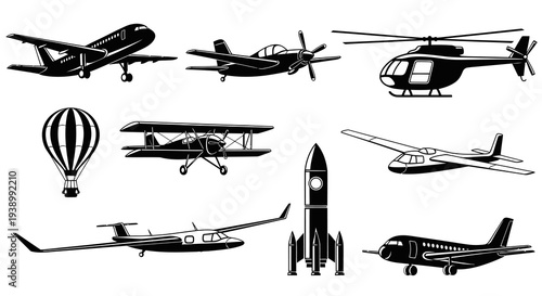 Aviation Aircraft Vector Silhouettes Set - Black  White Air Transport Flight Icons