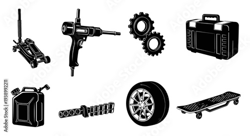 Automotive Mechanic Tools and Equipment Black and White Vector Icon Set