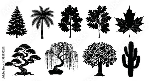 Diverse Tree  Plant Silhouettes Icon Set - Nature, Gardening  Botany Vector Glyphs