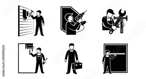Construction  Home Repair Workers with Tools - Black  White Glyph Vector Icons Set