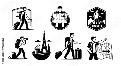 Black and White Travel Glyphs: Tourist Icons, Luggage, Maps, and Famous Landmarks Vector Set