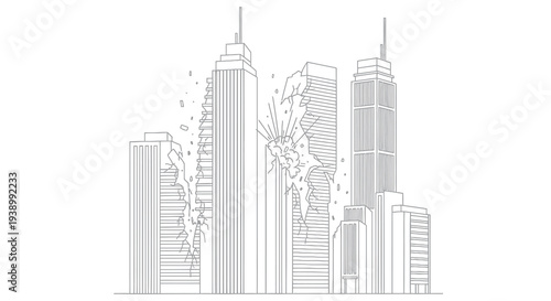 Crisis in the City: Collapsing Skyscrapers. Urban Disaster Line Art Illustration