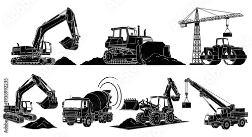 Construction Heavy Equipment Black  White Silhouette Vector Icons Set