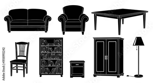 Home Furnishings Black  White Silhouette Icons - Interior Design  Household Furniture Set