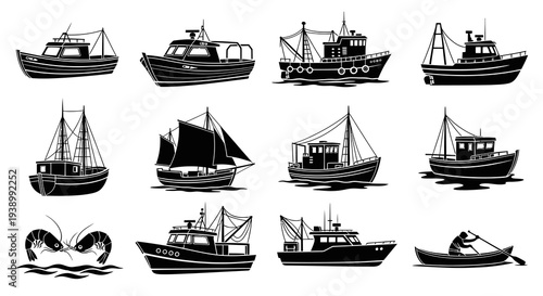 Fishing Industry Vessels, Boats  Seafood Silhouettes Vector Icon Set
