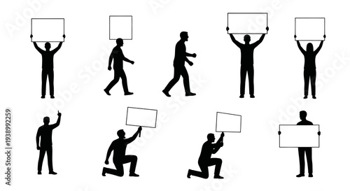 Activists Holding Blank Placards Silhouette Vector Glyphs Set for Protest Campaigns
