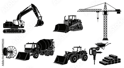 Construction Industry Black  White Vector Glyphs - Heavy Machinery, Tools  Building Equipment