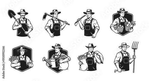 Vintage Farmer Emblems Set: Black  White Agriculture Worker Line Art Vector Illustrations