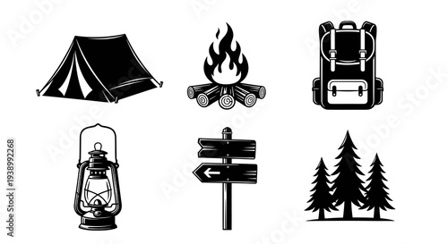 Outdoor Adventure Camping Vintage Monochrome Silhouette Icons Set