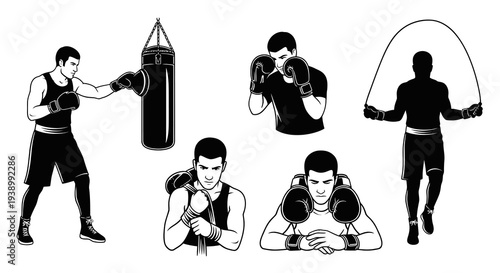 Boxing Sports Activities - Monochrome Line Art Illustrations of Boxers Training
