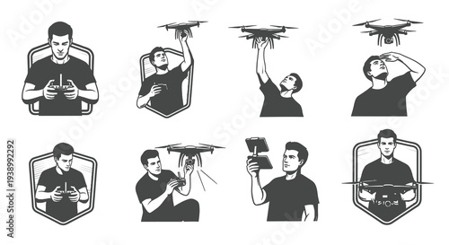 Technology Hobby Drone Pilot Operators Black  White Vector Illustration Set