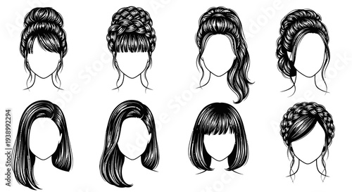 Beauty  Fashion Hairdressing: Female Hairstyles Black  White Line Art Vector Set