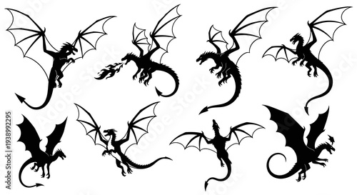 Fantasy Dragon Silhouettes Vector Set - Mythical Creatures Collection