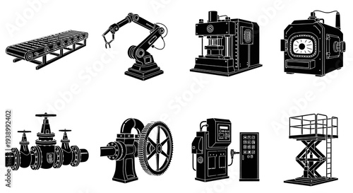 Glyph Industrial Machinery  Factory Equipment Vector Set - Manufacturing Automation Icons