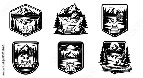 Black  White Vintage Outdoor Mountain Lake Forest Adventure Badges Vector Line Art