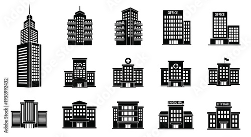 Architecture  City Buildings Glyph Icons Set - Black and White Vector Collection