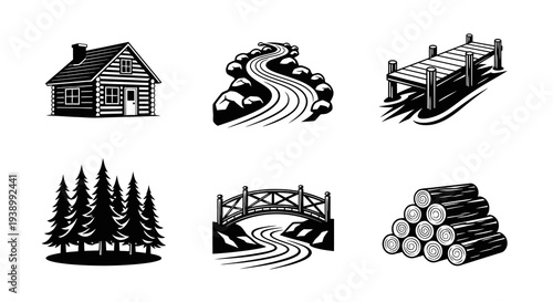 Black  White Line Art Rustic Outdoors and Nature Elements Vector Icon Set