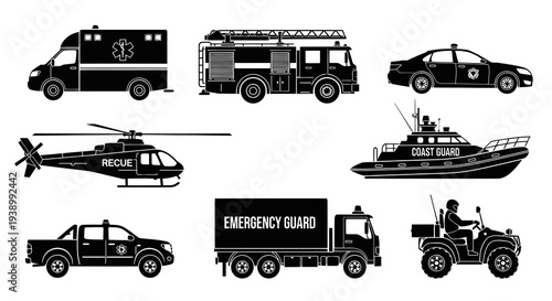 Emergency Services  Rescue Vehicles Glyph Icons Set - Public Safety Transport