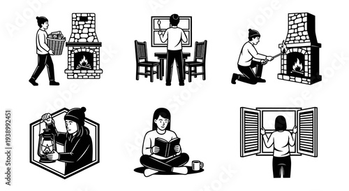 Winter Home Lifestyle Black  White Line Art Illustration Set: Cozy Activities by Fireplace  Window