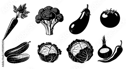 Healthy Food  Agriculture Vegetables Monochrome Line Art Icons Collection