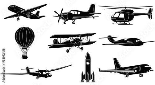 Aviation Air Transport Silhouette Vector Icons Set: Airplanes, Helicopter, Rocket, Balloon