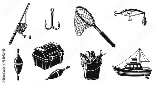 Fishing Industry Black  White Line Art Icons Set: Rod, Lure, Hook, Net, Boat  Gear