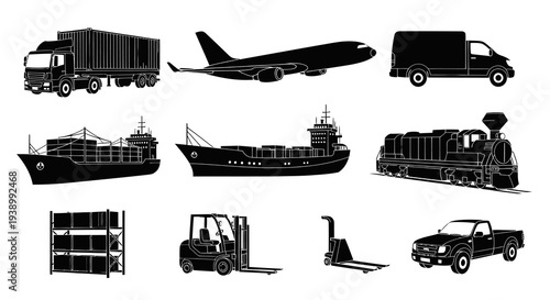 Transportation and Logistics: Black Silhouette Vehicle and Equipment Icons Set