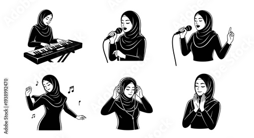Monochrome Vector Illustration Set: Muslim Women in Music, Singing, Playing Keyboard, Dancing