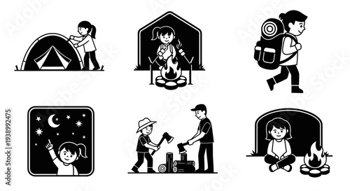 Black  White Camping Glyph Icons Set: Outdoor Adventure and Wilderness Activities