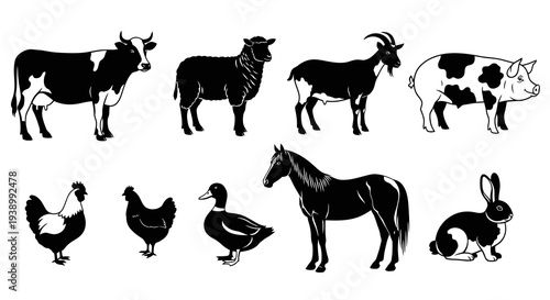 Black and White Farm Animals Icons Set for Agriculture and Farming
