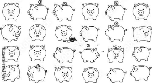 Black  White Line Art Doodle Vector Set of Piggy Banks for Finance, Saving, and Banking Concepts. Cartoon Outline Money Box Collection for Economy.