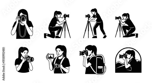 Black and White Glyph Vector Illustrations of Female Photographers with Cameras