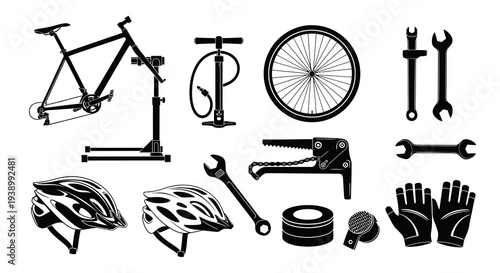 Cycling Bicycle Maintenance Tools and Equipment Black  White Glyph Vector Icons Set