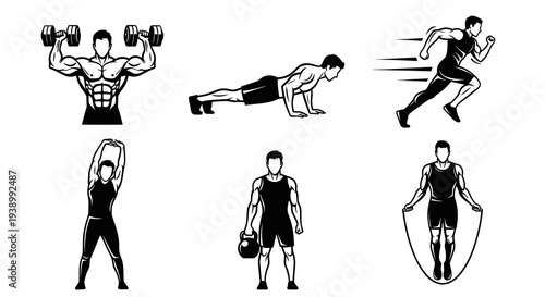 Black  White Line Art Vector Icons of Fitness Exercises and Sport Workout Activities