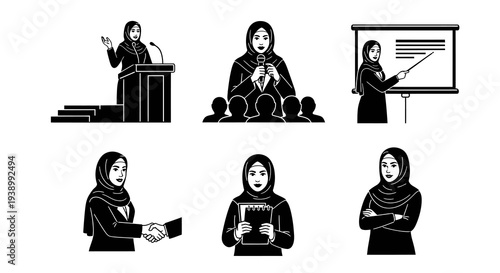 Professional Muslim Women in Hijab Monochromatic Vector Illustration Set for Business and Education