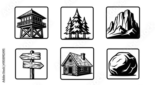 Outdoor Nature Wilderness Icons Set in Black  White Line Art Style