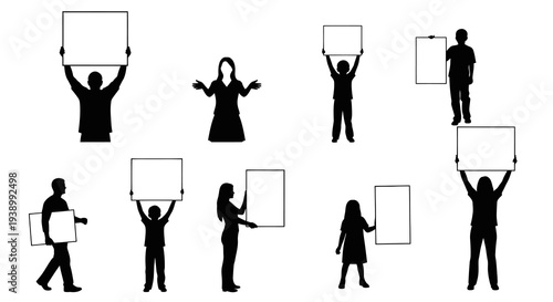 Communication Black  White Silhouette Art: Diverse People Holding Blank Signs