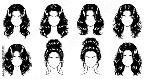 Beauty Fashion Industry Women's Hairstyles Set - Glossy Black and White Vector Line Art
