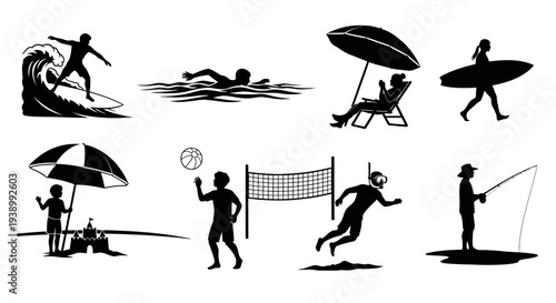 Travel Leisure Beach Activities Black Silhouette Vector Icons Collection