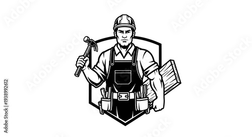 Retro Carpenter Builder Man with Hammer  Wood Logo in Black  White Vector Art