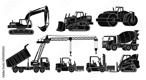 Construction Industry Heavy Equipment Vehicles Black  White Silhouette Icons Set