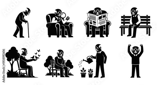 Elderly Man Activities Glyphs Vector Set. Senior Life  Healthy Aging Black White Icons.