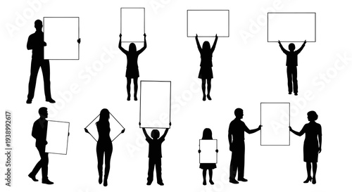 Communication  Protest Silhouettes: Diverse People Holding Blank Signs Vector Set