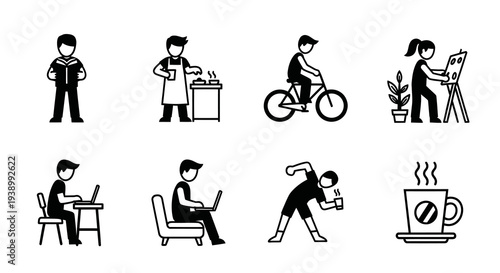 People Lifestyle Daily Activities Glyph Icons Set: Work, Hobbies, and Wellness