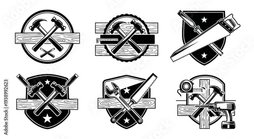Construction Hand Tools Emblems Set in Retro Black and White Line Art Style