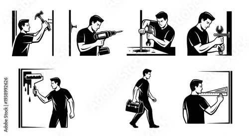 Tradesman Black  White Line Art Collection: Construction, Home Repair, and Maintenance Tasks