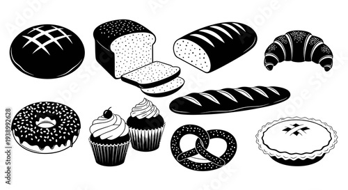 Monochrome Vector Bakery and Baked Goods Icons Set for Food Industry